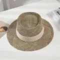 Woven straw hat for women and men, flat top wide brim summer beach sun hat casual fedora. - M (56-58cm) / Beige Ribbon