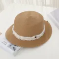 Women straw hat summer beach sun hat flat top straw hat with lace trim and elegant letter M - M (56-58cm) / Khaki
