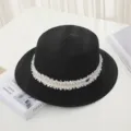 Women black flat top straw hat with white fringe ribbon summer beach sun protection hat. - M (56-58cm) / Black