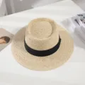 Stylish women's flat top straw hat with black ribbon, wide brim sun hat for beach. - M (56-58cm) / Style 3-Black Satin Ribbon