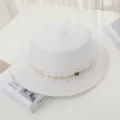 White straw boater hat for women, summer flat top sun hat with lace band and metal M logo. - M (56-58cm) / White