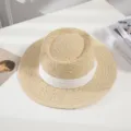 Beige flat top straw hat with white ribbon band, stylish wide brim summer beach sun hat. - M (56-58cm) / Style 5-White Satin Ribbon