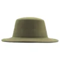 Olivgrüner Wollfilz-Jazzhut Detail, eleganter flacher Rand Modeaccessoire für kalten Winter. - Armeegrün
