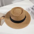 Women summer straw hat flat top wide brim sun hat beach casual fashion fedora hat for women - M (56-58cm) / Style 6-Brown with Black Ribbon
