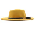 Gelber Wolle Fedora Hut für Damen Winter breite Krempe Jazz Kappe mit schwarzem Gürtel - M / 56-58cm / Gelb