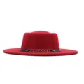 Roter Damen Flachkopf Fedora Hut mit schwarzem Lederriemen und goldener Kette Retro Wollfilz - M (56-58cm) / Rot