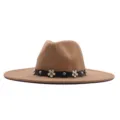 Breitkrempiger Wollfilz Fedora Hut mit schwarzem Blumen Gürtel und Nieten für Damen - 10cm Erwachsene 56-58cm / Khaki