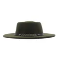 Armeegrüner Wollfilz-Jazzhut Detail, retro flacher Fedora mit Lederketten-Dekoration. - M (56-58cm) / Armeegrün