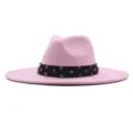 Rosa Woll-Fedora-Hut für Damen, Vintage-Jazzhut mit breiter Krempe und buntem Strassband. - Erwachsene 10cm (56-58cm) / Rosa