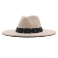 Beige Woll-Fedora-Hat mit schwarzem Strassband, Vintage-Weitrand-Winterhut-Detail. - Erwachsene 10cm (56-58cm) / Beige