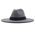 Grauer Wollfilzhut mit schwarzem Strassband, eleganter breiter Rand Vintage Jazzhut für Damen. - Erwachsene 10cm (56-58cm) / Grau
