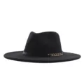 Schwarzer Fedora Hut mit breiter Krempe für Damen und Herren, klassischer Filzhut mit goldener Kette. - M (56-58cm) / Schwarz