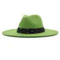 Grüner Woll-Fedora-Hut Detail, breite Krempe Jazz-Hut mit bunten Strasssteinen am schwarzen Band. - Erwachsene 10cm (56-58cm) / Grasgrün