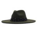 Klassischer dunkelgrüner Fedora-Hut mit funkelndem Strassband, breite Krempe Wollhut. - Erwachsene 10cm (56-58cm) / Armeegrün