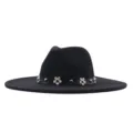Schwarzer Wollfilz Schlapphut Fedora Hut mit Blumen Lederband stilvolle Jazz Kappe für Damen. - 10cm Erwachsene 56-58cm / Schwarz