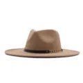 Khaki farbener Fedora Hut mit breiter Krempe, Wollfilz Hut mit Kettendetail für Damen. - M (56-58cm) / Camel