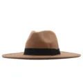 Brauner breiter Wollfilzhut Fedora mit schwarzem Band für Herbst und Winter Mode. - Erwachsene 56-58cm / Khaki
