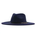 Dunkelblauer Wollfilz Fedora Hut mit Metallkette und schwarzem Lederband für Herbst Winter. - M (56-58cm) / Marineblau
