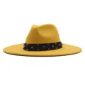 Gelber Woll Filz Fedora Hut mit Buntem Strass und Breiter Krempe für Damen Mode - Erwachsene 10cm (56-58cm) / Gelb