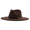 Brauner Woll Fedora Hut mit breiter Krempe und goldener Kette Ledergurt Mode Variante - M (56-58cm) / Kaffeebraun