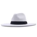 Weißer breiter Wollfilz Fedora Hut mit schwarzem Band, klassischer Herbst Winter Jazz Hut. - Erwachsene 56-58cm / Weiß