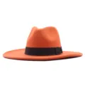 Oranger Wollfilz Fedora Hut Damen Herren Herbst Winter breite Krempe Jazz Kappe mit schwarzem Band - Erwachsene 56-58cm / Orange