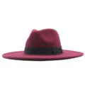 Dunkelroter Woll-Fedora-Hut mit schwarzem Band, 10cm breite Krempe stilvolle Herbstmütze - Erwachsene 56-58cm / Burgunderrot