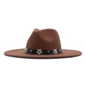 Brauner Wollfilz Fedora Hut mit Dekorativem Blumen Lederband Vintage Breiter Rand - 10cm Erwachsene 56-58cm / Braun