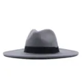 Grauer Wollfilz Fedora Hut mit schwarzem Band, 10cm breite Krempe stilvolle Herbst Winter Kappe. - Erwachsene 56-58cm / Grau