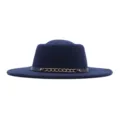 Dunkelblaue Wolle Filzhut flacher Oberseite Retro Jazz Fedora Hut mit Kette Herbst Winter - M (56-58cm) / Marineblau