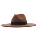 Brauner Breiter-Krempe Fedora Hut mit schwarzem Band, elegante Wollmütze für Herbst. - Erwachsene 56-58cm / Braun