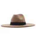 Klassischer Wollfilz-Fedora-Hut mit breiter Krempe und schwarzem Band für Damen und Herren. - Erwachsene 56-58cm / Camel