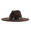 Brauner Wollfilz Fedora Hut mit Blumen Lederband und Nieten breite Krempe Jazz Kappe - 10cm Erwachsene 56-58cm / Kaffeebraun