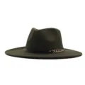 Armeegrüner Wollfedora Hut mit schwarzem Lederband und Goldkette für Damen Herren - M (56-58cm) / Armeegrün