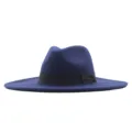 Blauer, breiter Wollfedora-Hut mit schwarzem Band, klassischer Jazz-Hut fuer Damen. - Erwachsene 56-58cm / Marineblau