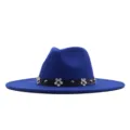 Blauer Filzhut Fedora mit schwarzem Lederblumenband breite Krempe schöner Hut. - 10cm Erwachsene 56-58cm / Saphirblau