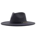 Breitkrempiger Wollfilz Fedora Hut mit schwarzem Lederriemen und Goldkette fur Damen und Herren - M (56-58cm) / Dunkelgrau