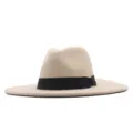 Beiges breites Woll-Fedora-Hut mit schwarzem Band Herbst Winter Mode Jazz Hut Variante - Erwachsene 56-58cm / Beige