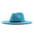 Blauer breiter Krempenhut Wollfilz Jazzhut mit Kettenband für Damen Herren Winter - M (56-58cm) / Seeblau