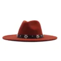 Roter Wollfilz Hut mit breiter Krempe, schwarzem Blumen-Ledergürtel, Jazz Fedora. - 10cm Erwachsene 56-58cm / Karamellbraun