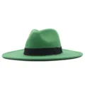 Grüner Wollfilz Breiter Krempe Fedora Hut mit schwarzem Band für Herbst und Winter elegant. - Erwachsene 56-58cm / Grasgrün