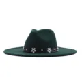 Dunkelgrüner Filzhut Fedora mit schwarzem Lederband und metallischen Blumen, 10cm Krempe. - 10cm Erwachsene 56-58cm / Dunkelgrün