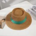 Straw sun hat for women summer wide brim flat top beach fashion casual braided hat stylish - M (56-58cm) / Style 7-Green Satin Ribbon