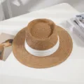 Women summer flat top straw hat wide brim beach sun hat casual woven hat stylish fedora - M (56-58cm) / Style 8-White Ribbon