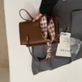 Brown crocodile pattern women shoulder crossbody bag with elegant houndstooth silk scarf decor - Brown