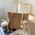 Beige PU leather large capacity shoulder tote bag with a cute plush bear pendant. - Bear / Khaki