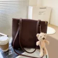 Dark brown large capacity women shoulder tote bag with cute plush bear charm for autumn winter. - Bear / Dark Brown