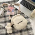 Cute canvas crossbody bag for women, Korean style fashion casual shoulder bag with bear pendant. - Shy Bear / White
