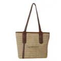 Stro schoudertas met bruine PU afwerking, casual zomer strand shopper tas voor dames. - Zonder hanger / Koffie