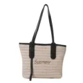Vrouwen stro geweven tote tas, chique zwarte PU lederen schouderbanden, beige zomerse handtas casual. - Zonder hanger / Zwart